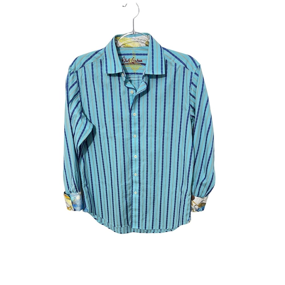 Robert Graham Button Down Shirt‎ Mens Small Turquoise Blue Striped Long Sleeve